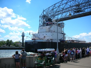 ORE BOAT GOES UNDER BRIDGE